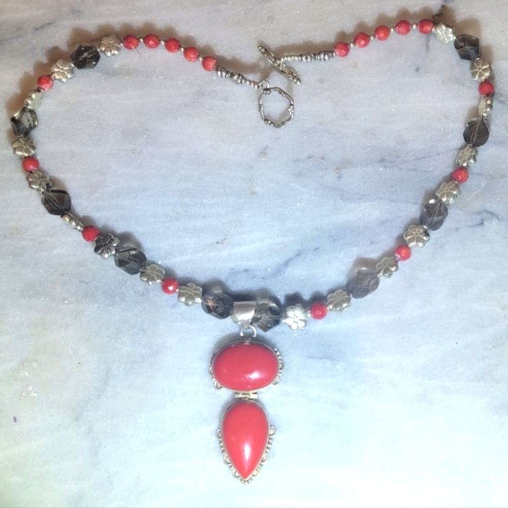 Smoky Quartz Red Jasper  Sterling 925 Necklace 19"